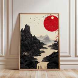 Red Sun Japanese Landscape Wall Art, Minimalist Oriental Mountain Poster, Zen Nature Print For Modern Interiors - thumbnail 1