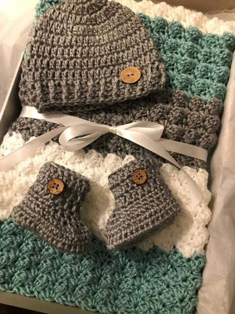 Crochet Baby Gift - Grey Blanket Striped Teal Afghan Neutral Surprise Parents To Be - image 1