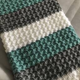 Crochet Baby Gift - Grey Blanket Striped Teal Afghan Neutral Surprise Parents To Be - thumbnail 3