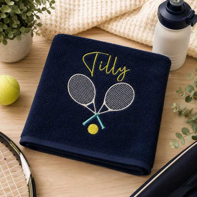 Personalised Tennis Towel, Embroidered Racket & Ball, Custom Name Sports Player Gift, Gift For Her Or Him - image 1