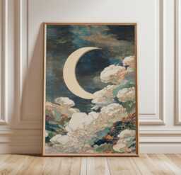 Japanese Moon Wall Art Poster, Crescent Cloud Illustration, Night Sky Print, Minimal Celestial Decor - thumbnail 1