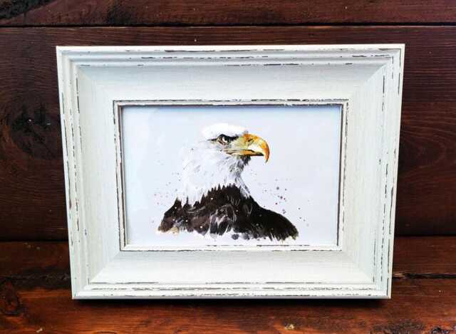 Bald Eagle Mini Art Print 17x12cm - Framed White Rustic Frame - American Bird Of Prey Wall Art, Wildlife Decor, Gift For Nature Lovers - image 1