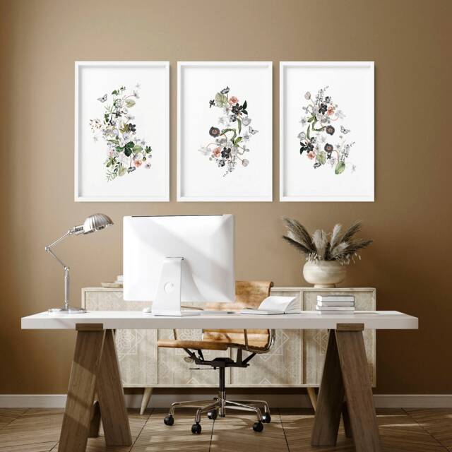 Home Office Decor For Women Framed 3 Piece Wall Art Print Set, Sage Green Watercolor Greenery Designer Wall Art Professional - image 1