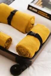 Linen Travel Towel in Mustard Yellow, Waffle Weave Fabric, Lightweight & Quick-Drying, Eco-Friendly, Compact & Soft