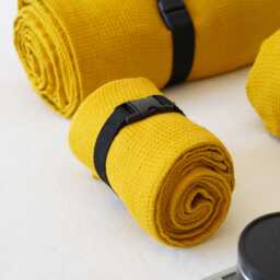 Linen Travel Towel in Mustard Yellow, Waffle Weave Fabric, Lightweight & Quick-Drying, Eco-Friendly, Compact & Soft - thumbnail 3