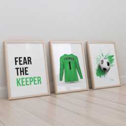 Goalkeeper Football Prints For Boys Bedroom Decor, Set Of 3 Goalie Shirt With Name, Fear The Keeper Gift, Eat Sleep Repeat - thumbnail 1