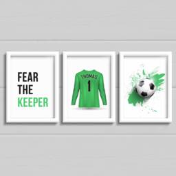 Goalkeeper Football Prints For Boys Bedroom Decor, Set Of 3 Goalie Shirt With Name, Fear The Keeper Gift, Eat Sleep Repeat - thumbnail 3
