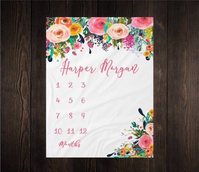 Girl Milestone Blanket Month Growth Tracker Minky Fleece Custom Personalized Baby Shower Gift Watercolor Floral Newborn - image 1