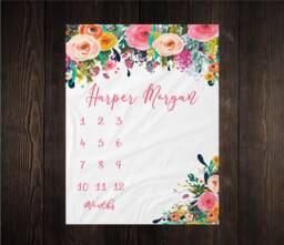 Girl Milestone Blanket Month Growth Tracker Minky Fleece Custom Personalized Baby Shower Gift Watercolor Floral Newborn - thumbnail 1