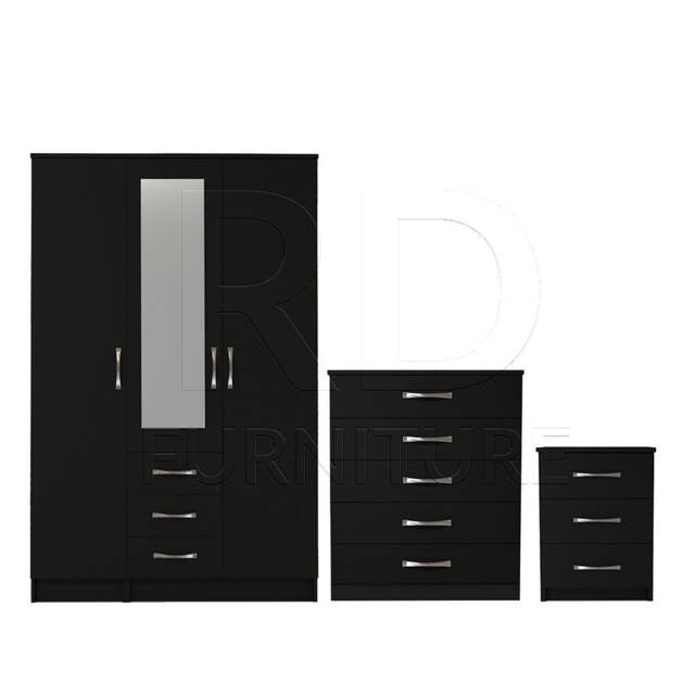 Bedroom Set, Black Set, Wardrobe, Mirrored Chest Of Drawers & Bedside Table. Ready Assembled - image 1