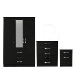 Bedroom Set, Black Set, Wardrobe, Mirrored Chest Of Drawers & Bedside Table. Ready Assembled