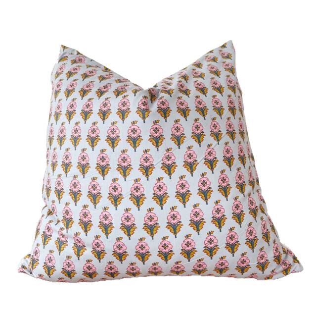 "Hand Block Printed Floral Pillow Cover, Gray Blue & Pink 16x16""20x20"