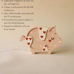 Personalized Wooden Pig Night Light With Hearts - Pink Nursery Lamp For Baby Girl - Handmade Kids Room Decor Gift - thumbnail 3