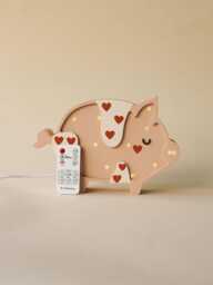 Personalized Wooden Pig Night Light With Hearts - Pink Nursery Lamp For Baby Girl - Handmade Kids Room Decor Gift