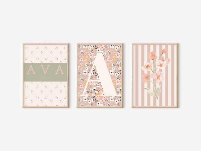 Pretty Floral Prints For Girls Room Or Nursery. Muted Neutral Colours With Personalised Name & Initial - Prints Only, Unframed - image 1