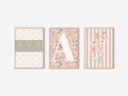 Pretty Floral Prints For Girls Room Or Nursery. Muted Neutral Colours With Personalised Name & Initial - Prints Only, Unframed - thumbnail 1
