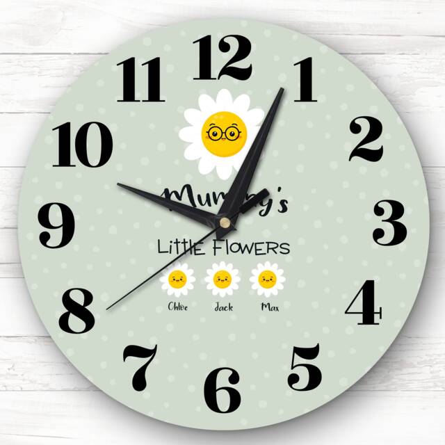 Mummy's Little Flowers Green Or Mother's Day Gift For Mum Personalised Clock - image 1