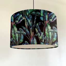 Black Velvet Drum Lampshade With Botanical Leaves