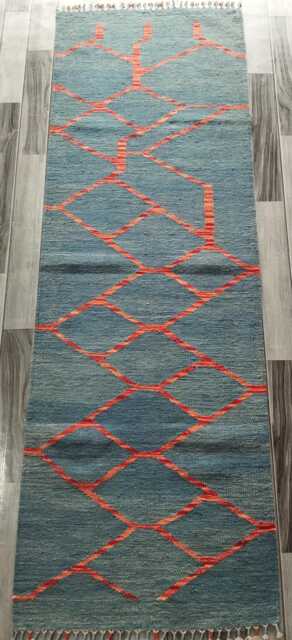 Nordic Runner Kilim Rug, Modern Artisan Scandinavian Afghan Turkish Abstract Art Wool Rug 207x70 cm - image 1