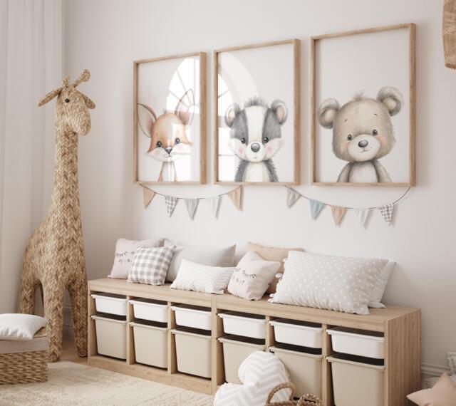 Woodland Nursery Prints, Decor, Wall Art, Set Of 3 Animals - image 1