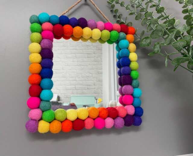 Rainbow Pom Mirror, Playroom Nursery Decor, 20cm Square - image 1
