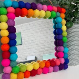 Rainbow Pom Mirror, Playroom Nursery Decor, 20cm Square - thumbnail 3