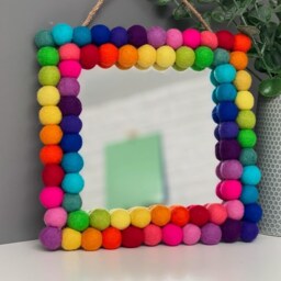 Rainbow Pom Mirror, Playroom Nursery Decor, 20cm Square - thumbnail 2