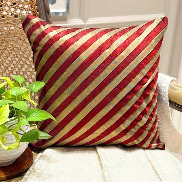 "Red Art Silk Striped Decorative Throw Pillow Cover, 16""x16" - image 1