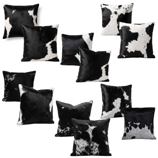 Cowhide Pillow Cover 16x16, Black White Hair On Hide, Genuine Leather Cushion, Rustic Home Decor - image 1