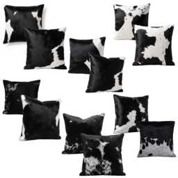 Cowhide Pillow Cover 16x16, Black White Hair On Hide, Genuine Leather Cushion, Rustic Home Decor - thumbnail 1