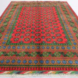 6'6x9'4 Ft Handmade Red Rug, Afghan Bukhara Tribal Veg Dyes Wool Area High Pile Soft Carpet, Oriental Turkmen Living Room Rug - thumbnail 3