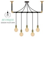 Industrial Modern Light Wrap 5 Pendant Fixture Custom Brass, White, Black Or Copper & Wood Bracket Wrapped Ceiling Chandelier