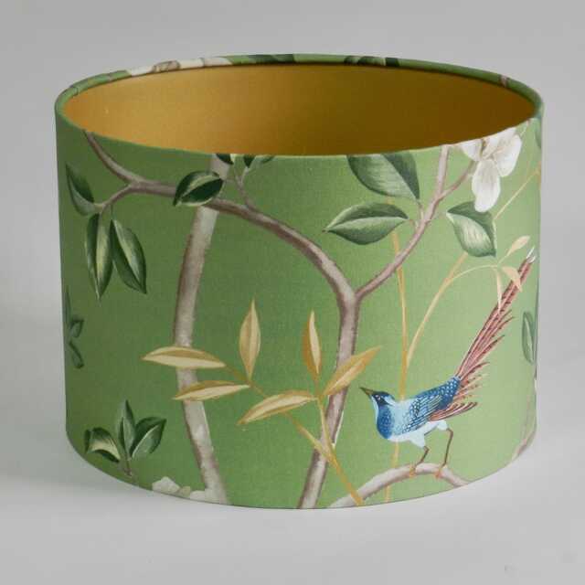 Chinoiserie Lampshade Bird & Blossom Green With Gold Lining - image 1