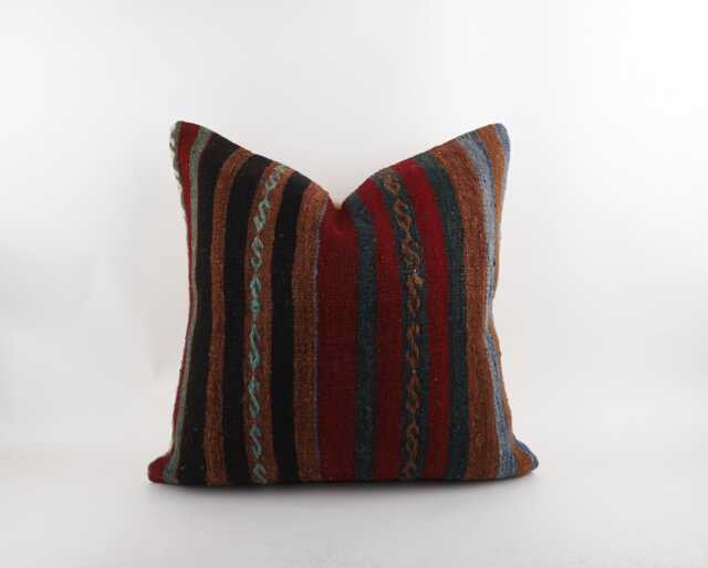 Vintage Turkish Kilim Pillow, Handwoven Wool Bohemian Cushion - 24''x24'' - image 1