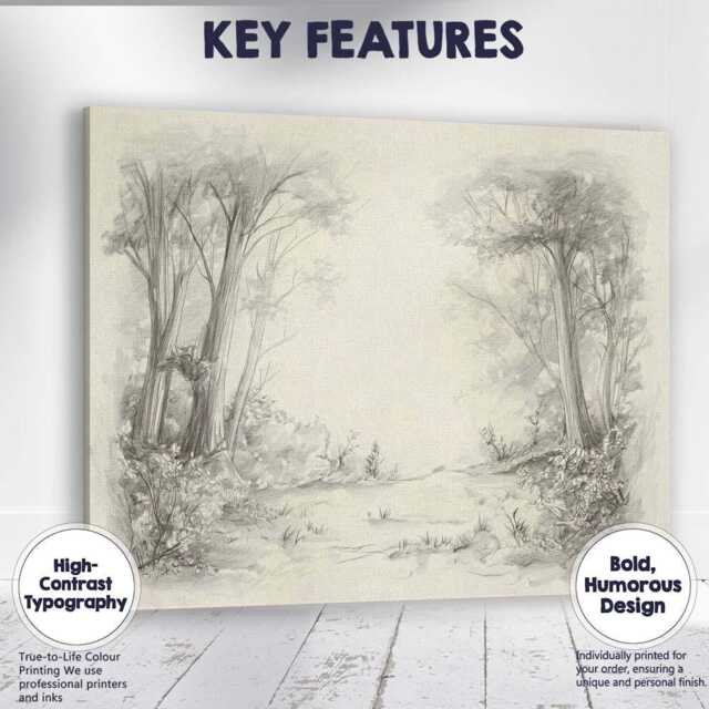 Monochrome Woodland Clearing Pencil Sketch Landscape Canvas Wall Art Print Decor Picture Ready To Hang - image 1