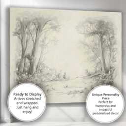 Monochrome Woodland Clearing Pencil Sketch Landscape Canvas Wall Art Print Decor Picture Ready To Hang - thumbnail 3