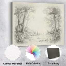 Monochrome Woodland Clearing Pencil Sketch Landscape Canvas Wall Art Print Decor Picture Ready To Hang - thumbnail 2