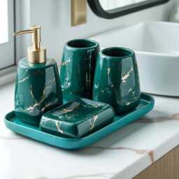 Marble Effect Bathroom Accessory Set Soap Dispenser, Dish, Toothbrush Holder & Tumblers - thumbnail 4