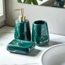 Marble Effect Bathroom Accessory Set Soap Dispenser, Dish, Toothbrush Holder & Tumblers - thumbnail 3