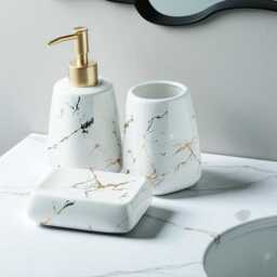 Marble Effect Bathroom Accessory Set Soap Dispenser, Dish, Toothbrush Holder & Tumblers - thumbnail 2
