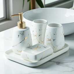Marble Effect Bathroom Accessory Set Soap Dispenser, Dish, Toothbrush Holder & Tumblers