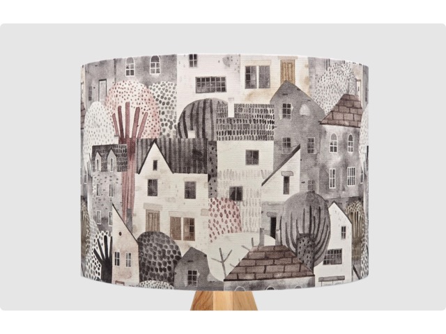 Handmade Lampshade Watercolor Village Houses Fabric Drum, Neutral Grey Townscape Light Shade For Table/Floor Lamp Or Ceiling Pendant - image 1