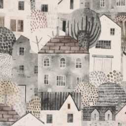 Handmade Lampshade Watercolor Village Houses Fabric Drum, Neutral Grey Townscape Light Shade For Table/Floor Lamp Or Ceiling Pendant - thumbnail 3