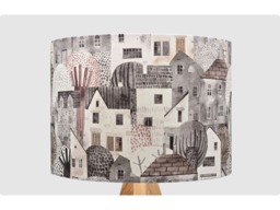 Handmade Lampshade Watercolor Village Houses Fabric Drum, Neutral Grey Townscape Light Shade For Table/Floor Lamp Or Ceiling Pendant - thumbnail 1
