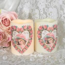 Shabby Chic Flameless Candle Pink Rose Valentine Heart Decor - thumbnail 3