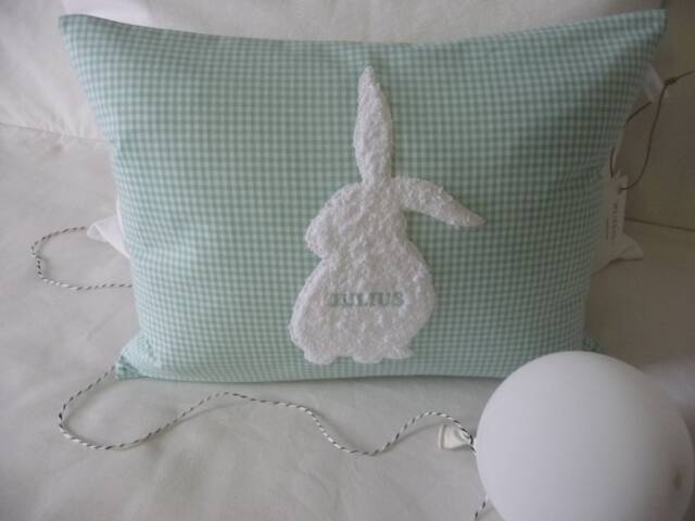 Pillowcase Made Of Striped/Vichy Check/Rabbit Appliqu?? in Cuddly Terry Cloth With Embroidered Name Mint, Pink, Grey, Light Blue, Beige - image 1