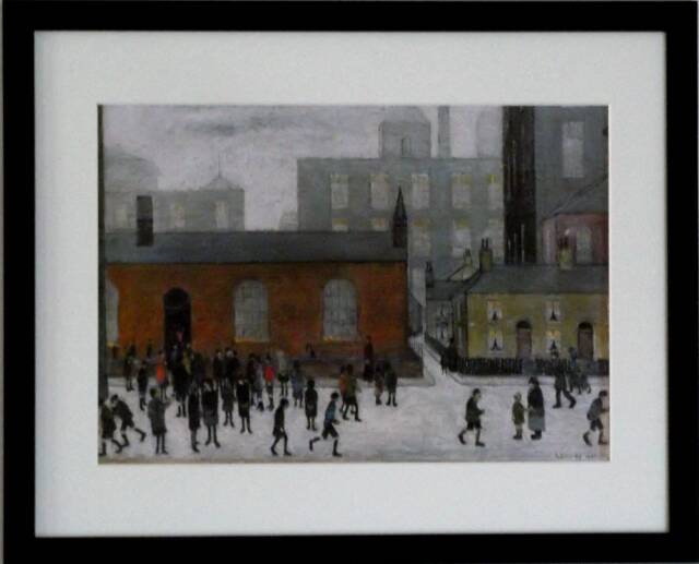 L S Lowry Authentic Art Print - Coming Out Of School Black Frame With Mount & Textured Image - image 1