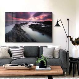 Sunset Rocky Shore - Dramatic Water Landscape Tempered Glass Wall Art For Calm Modern Interiors - thumbnail 2