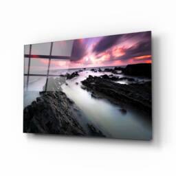 Sunset Rocky Shore - Dramatic Water Landscape Tempered Glass Wall Art For Calm Modern Interiors - thumbnail 1