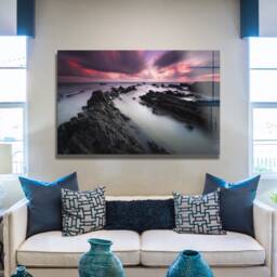 Sunset Rocky Shore - Dramatic Water Landscape Tempered Glass Wall Art For Calm Modern Interiors - thumbnail 3